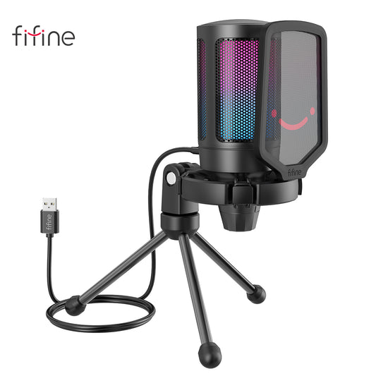 FIFINE USB Condenser Gaming Microphone, for PC PS4 PS5 MAC with Pop Filter Shock Mount & Gain Control for Podcasts,Twitch,YouTube