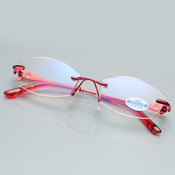 Fashion Women Red Pink  Rimless Oval Reading Glassses Trimming Lens Anti-blue Magnifier Diamond-set Eyewear For Computer