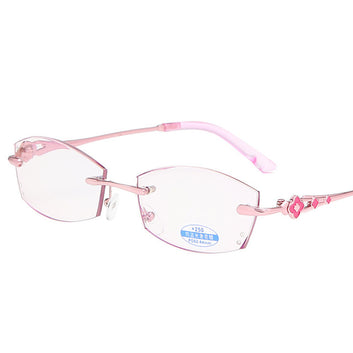 Fashion Women Red Pink  Rimless Oval Reading Glassses Trimming Lens Anti-blue Magnifier Diamond-set Eyewear For Computer